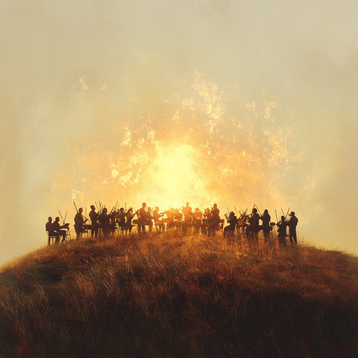 An orchestral masterpiece filled with powerful brass, soaring strings, and pounding percussion, capturing the essence of a triumphant victory. The composition builds up gradually, starting with a majestic theme that evolves through various dynamic shifts and emotional highs. This track conveys a sense of grandeur, achievement, and elation, making it perfect for heroic adventures and epic celebrations.