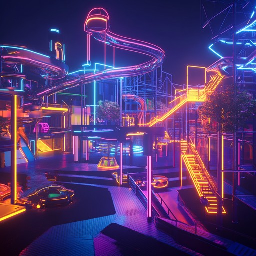 A vibrant cyberpunk track featuring bouncy and playful synth melodies, set against dynamic and energetic rhythms. It paints a lively picture of a futuristic playground bathed in neon lights, full of robotic kids and high tech amusements.