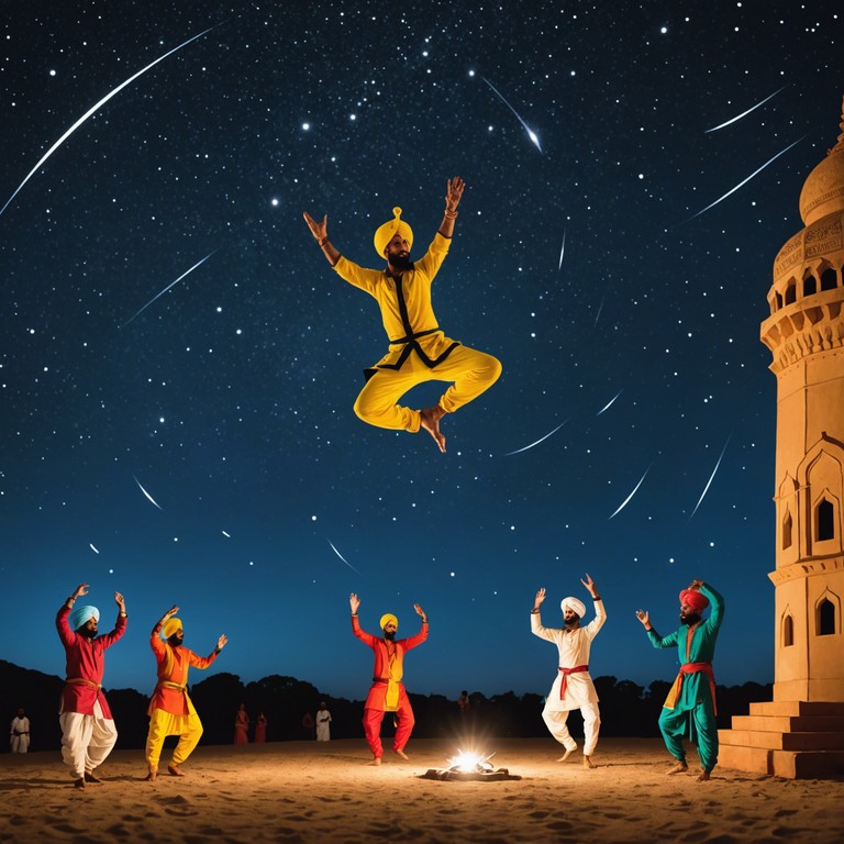 Imagine the auditory experience of a traditional bhangra festival set not on earth, but on a distant technologically advanced planet. The dhol remains central, each beat reverberating through the alien landscape merging seamlessly with electronic tones that twist and turn, crafting an auditory narrative of cultural celebration meeting interstellar travel.