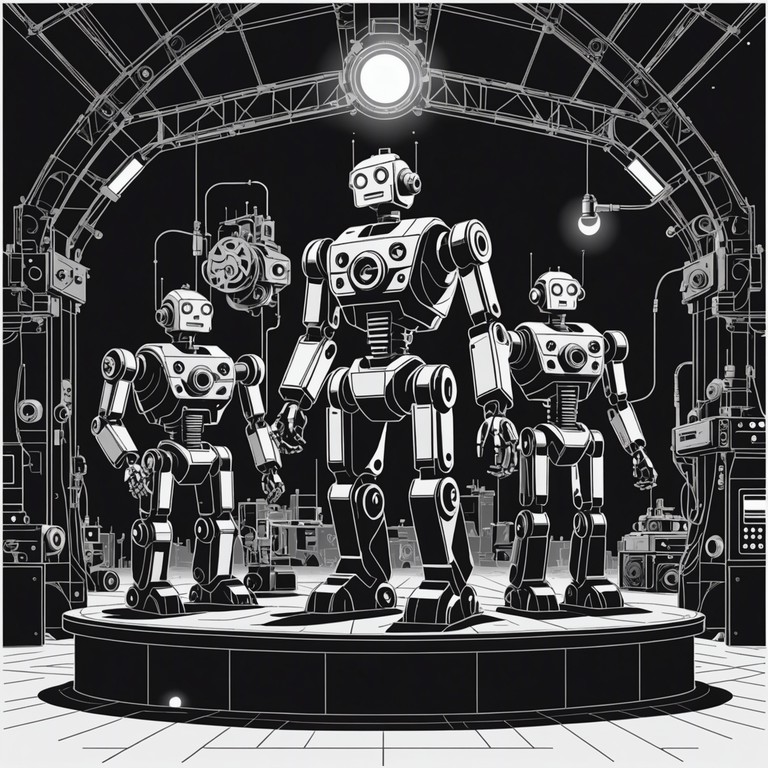 In an alternate universe, a band of robots has formed a rock group inside a bustling factory. They use tools and machine parts as instruments, creating a unique, high energy sound that celebrates the synthesis of technology and artistry.