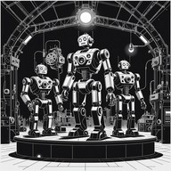 robots in a rhythmic assembly line jam.