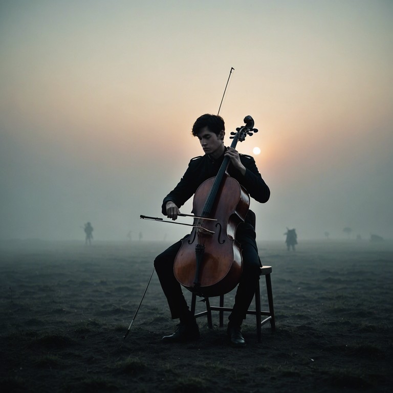 As the sun sets on a landscape scarred by war, the cello's mournful tones rise above the chaos, supported by a full symphony, illustrating the contrast between the horrors of war and the enduring hope of peace.