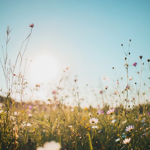 An instrumental piece that captures the feeling of leisurely strolling through a sunlit meadow, with soft, soothing melodies and a light hearted atmosphere.