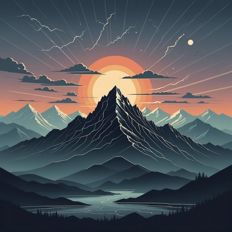 Imagine an endless landscape, sharp cliffs under a stormy sky, the ground shaking with each drumbeat, symbolizing an unstoppable force, a hero's journey told through the resounding echo of electric guitar and thunderous drums.