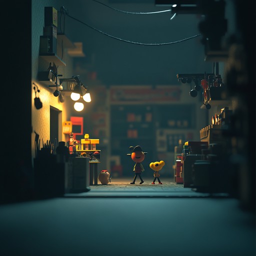 This instrumental piece combines playful melodies with dark, whimsical elements, creating a mysterious toyshop at midnight. The music evokes a sense of eerie curiosity, as if the toys have come alive for a mischievous dance, blending upbeat rhythms with shadowy tones and quirky sound effects.
