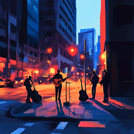 A dynamic urban soundscape with energetic beats, capturing the rhythm of a bustling city. Echoes of voices, honking cars, and street performers blend with lively percussions and synth melodies. The constant motion evokes a sense of excitement, movement, and modernity.