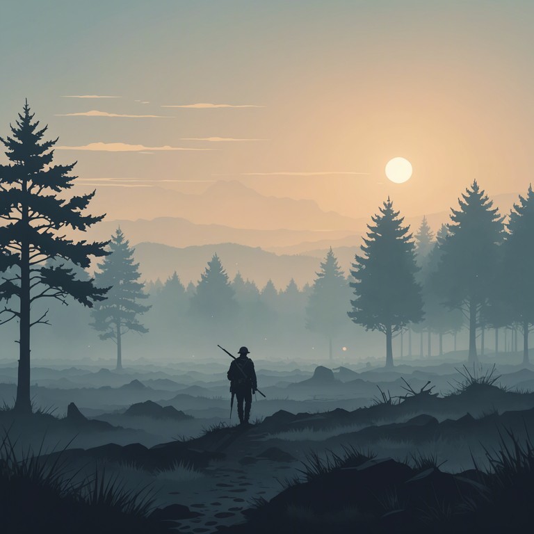 A haunting composition using minimalistic snare drum taps and ambient nature sounds to evoke the unspoken courage and quiet moments of introspection experienced by soldiers away from the chaos of battle. A gentle, lingering melody that feels both haunting and dignified.