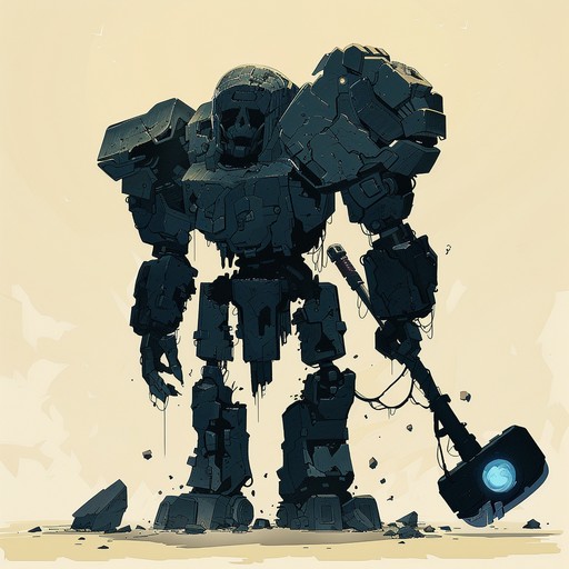 This track conveys the epic tale of clashing titans made of iron and fury, set in a post-apocalyptic landscape where every beat is a thunderous clash. The soundscape combines whirring gears, grinding metal, and soaring electric guitar solos that mimic the battle of mechanical gods.