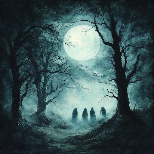 This track crafts an eerie, mystical atmosphere akin to walking through an enchanted woodland where each step echoes tales of ghosts and fairy folk, blending dark folk elements with whimsical nuances.