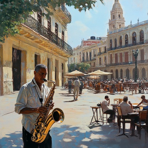 Visualize a radiant afternoon in havana, where smooth jazz saxophones intertwine with spirited latin rhythms, creating a serene yet lively soundtrack for a sun drenched cityscape.