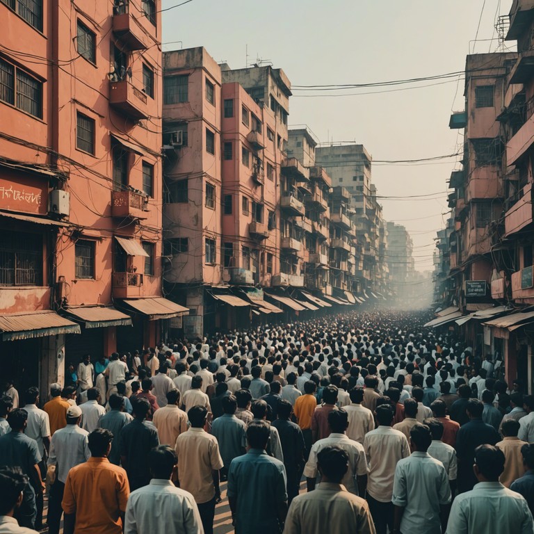 A vivid audio journey where the streets of new york meet the classical traditions of raga through a unique blend of instruments and styles, symbolizing a dialogue between cultures.