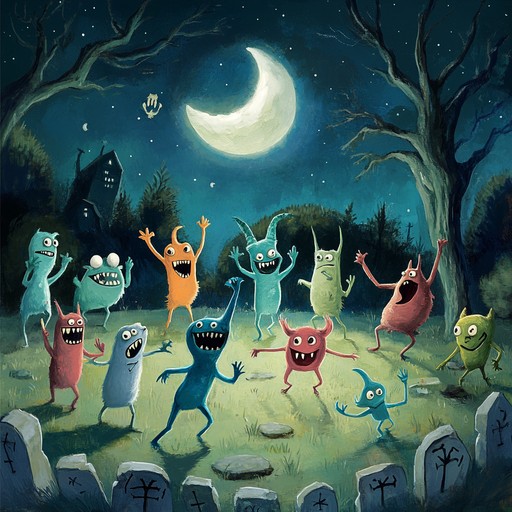 Imagine a secret gathering where legendary creatures of the night celebrate under a ghostly moon. The melody captures the essence of a quirky, delightful monster party, blending playful horror elements with danceable beats. The rhythm resonates with the soft taps of bones and ethereal whispers, creating a spooky yet whimsical atmosphere.