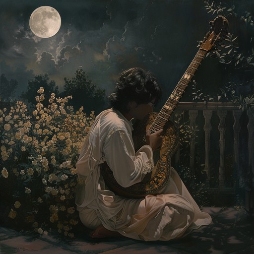 A twilight setting casts a gentle glow over a peaceful garden, where a sitar softly plays a serenade. This instrumental captures the serene essence of hindustani romantic music, perfect for evoking memories of cherished moments spent in the company of a loved one.