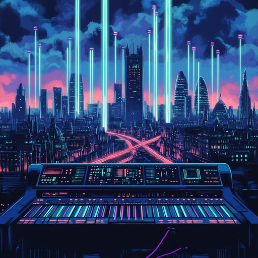 An instrumental track blending futuristic electronic elements with uk swing rhythms, crafting a vibrant urban groove that captures the essence of a cyberpunk london.