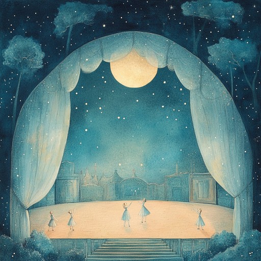 Envision a whimsical night in an otherworldly theater where stars perform surreal dances under the moonlight. Guided by the celestial melodies of a grand piano, the composition flows with dynamic highs and lows, delivering an enchanting and mystical dreamscape that evokes curiosity and wonder.