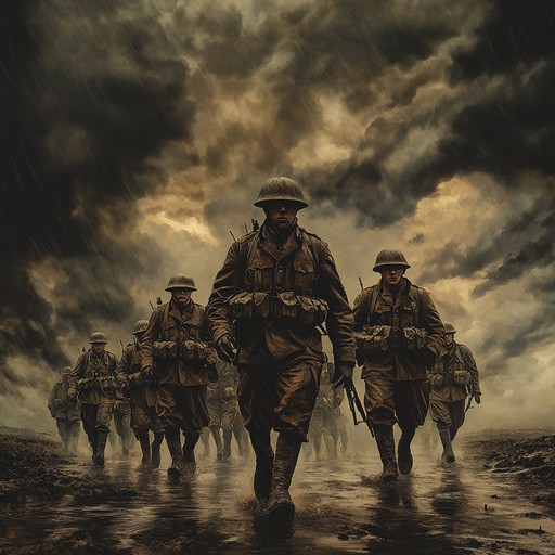 This piece blends the structured, powerful cadence of military marches with yearning, passionate undertones. Dramatic snare drums drive a steady, determined rhythm, while soaring string sections add layers of longing and intensity. The composition builds toward a fervent climax, evoking images of soldiers driven not just by duty but by deep personal convictions.