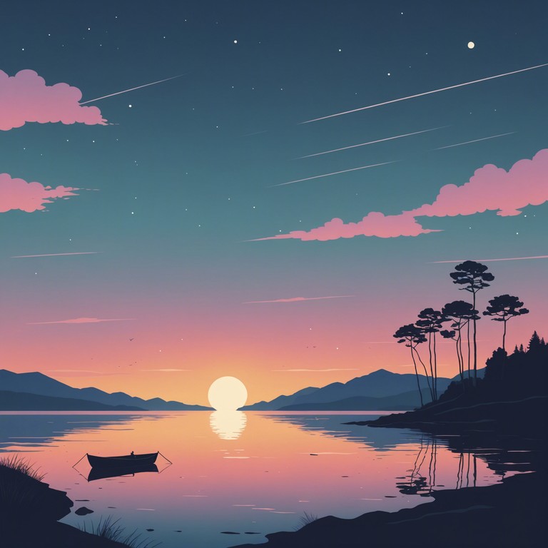 Imagine sitting by the sea as the sun dips below the horizon, the sky painted in shades of orange and pink, while gentle guitar tunes float around, accompanied by soft synth sounds creating a feeling of peacefulness and content.