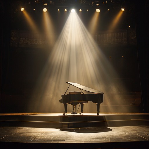 Dramatic spotlight on a piano in an empty theater, where reflective melodies echo, evoking deep thoughts and emotions. Perfect for those pensive, contemplative moments.