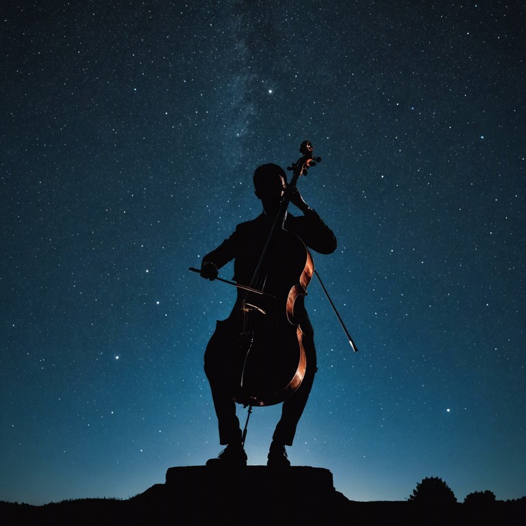 A solitary cello plays under a star filled sky, its deep, warm tones painting a soundscape of tranquility and soft melancholy. The music, like a tender whisper, invites the listener to reflect deeply and find comfort in the quiet beauty of the night, offering a musical embrace that both comforts and contemplates the complexities of emotion.