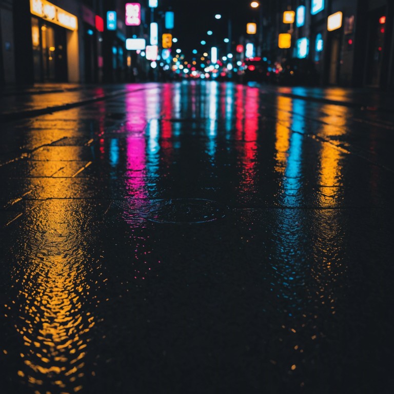 Imagine a late night drive through a rain soaked city; the neon lights reflecting off the wet asphalt create a dance of colors, accompanied by soothing new wave synths that provide a backdrop of calm amidst the urban exploration. The track features subtle, continuous synth pads that act as a sonic representation of the steady rain, with minimalistic leads playing a contemplative melody.