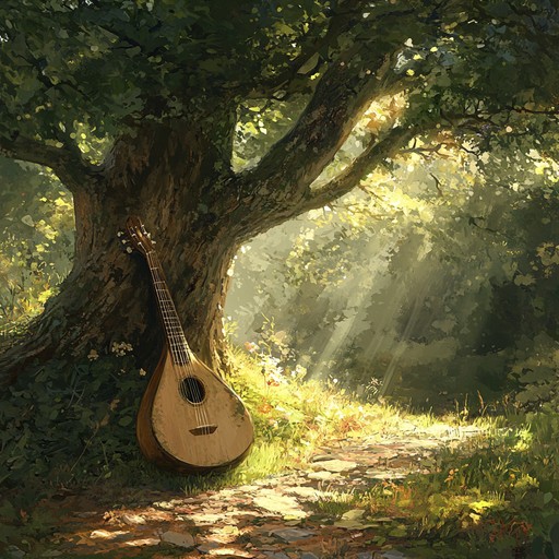 An audio escape that transfers the listener to a sunlit forest clearing, surrounded by the sounds of nature, with the lute providing a soul soothing melody, reminiscent of ancient europe's peaceful solitude.