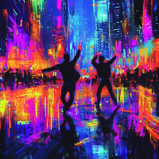 Picture the urban night skyline alive with dazzling lights and an uplifting beat. The scene captures the essence of nocturnal vibrancy where every shimmer of neon syncs with the rhythmic synths, setting the tone for an unforgettable street dance party.