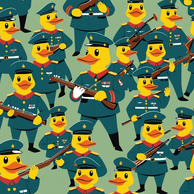 Imagine a lighthearted military march dominated by the comical, playful antics of animated ducks. Each note captures the spirit of a joyous yet disciplined parade, blending humorous elements with military precision. The music carries a story like progression, where the whimsical tone reflects the ducks' playful interference in a traditionally stern military setting.