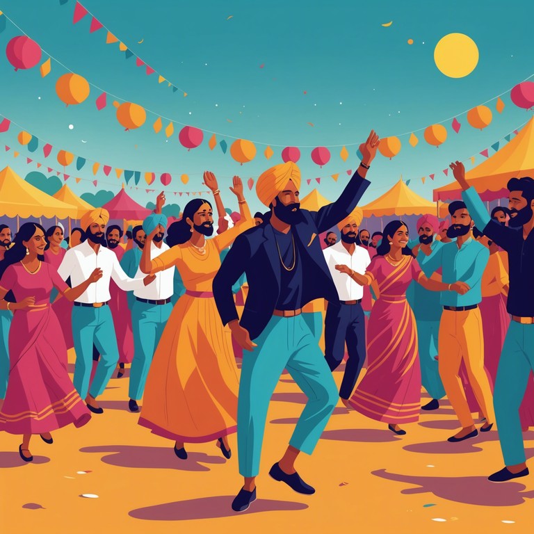 This track features an uplifting blend of traditional bhangra music fused with contemporary electronic elements, creating an energetic, celebratory atmosphere ideal for festive occasions and dynamic dance floors. The song is characterized by its vibrant rhythms and infectious beats that invite everyone to dance and rejoice. Enjoy the blend of drums and digital, encouraging lively interactions and cultural celebration.