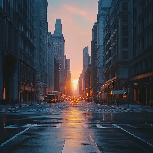 An instrumental that paints a serene picture of broadway at sunrise with soft piano melodies conveying tranquility before the city awakens