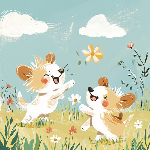 An upbeat instrumental piece that captures the joyful energy of playful puppies prancing and tumbling in a sunny meadow. The melody is light and cheerful, evoking images of wagging tails, bounding leaps, and the pure delight of carefree play.