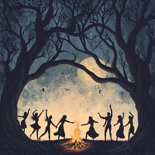 A vibrant instrumental piece blending driving rhythms with haunting melodies, capturing the essence of a midnight ritual in an ancient forest. The arrangement features dynamic shifts and intricate layers, invoking a sense of excitement and mystique. Listeners are transported to a world where shadow and flame intertwine, and ancient spirits dance under the moonlight.