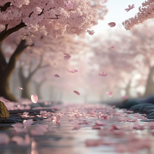 Captivating instrumental piece that blends lush melodies and ethereal synths, evoking the serene beauty of cherry blossoms in an anime setting. Gently flowing rhythms and harmonics create a sensuous atmosphere, perfect for a tranquil, romantic scene.