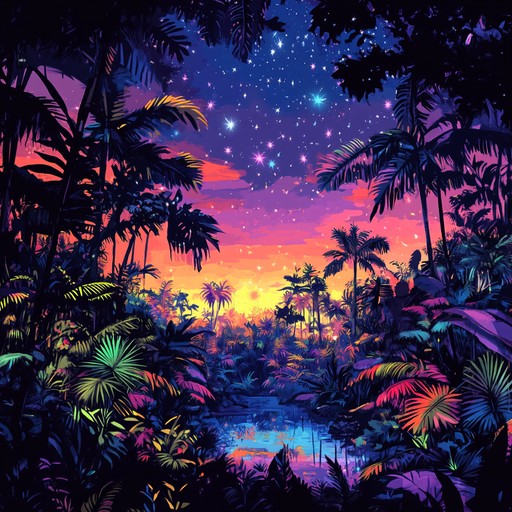 Immerse yourself in a pulsating fusion of galactic funk and dense jungle beats. This track combines electrifying synthesizers, deep basslines, and intricate percussion to create an energetic and unusual soundscape. Imagine a lively interstellar dance party set deep within an exotic rainforest, where shooting stars merge with tribal rhythms.