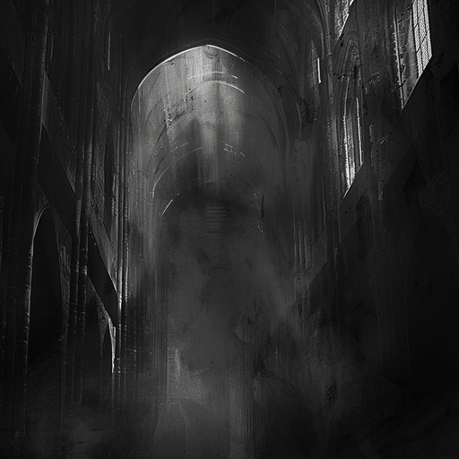 Imagine the echoing chords reverberating through the abandoned gothic cathedral's grand, forgotten halls, blending melancholic organ sounds with subtle electronic whispers for a hauntingly beautiful soundscape.