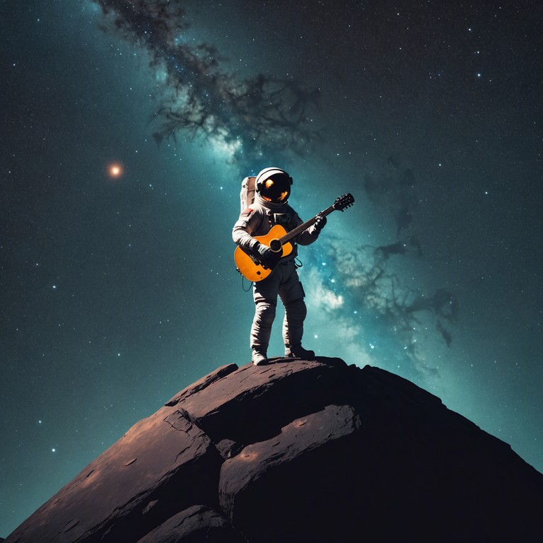 A transcendent musical journey through the depths of space and emotion, where echoing guitar chords resonate with feelings of nostalgia and yearning against a backdrop of celestial ambiance.