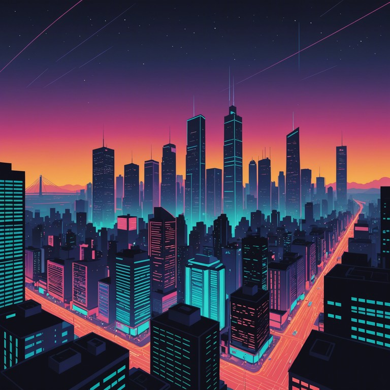 This track is a vibrant journey through cyber laden streets, encapsulated by hypnotic rhythms and ambient undercurrents, crafting a captivating escape into a virtual metropolis. The constant rhythmic pulsations and sweeping synth patterns evoke the vast, neon illuminated skylines of a cyberpunk universe.