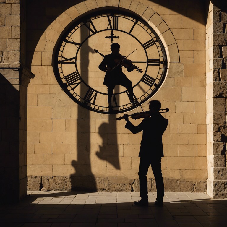 In a darkened, deserted clocktower, each tick and tock of the ancient clock crafts an enigmatic atmosphere. A lone violin plays a waltz, weaving through the dense air of mystery and time gone by, as shadows dance along crumbling walls, creating haunting silhouettes that sway to the rhythm of the haunting, melodic echoes.