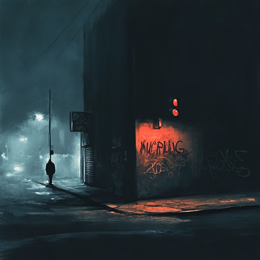 The sound of dark, intense hip hop beats reverberating through shadowy urban passages at night, with eerie synths and distorted basses creating a spine chilling experience.