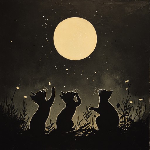 A delightful ukulele tune painting playful cats dancing under moonlight with bouncy rhythms and light melodies