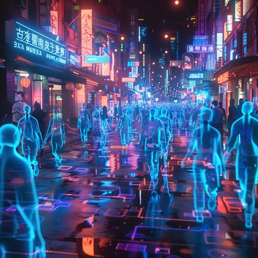 A vibrant cyberpunk track featuring dynamic synths and pulsating bass, capturing the joy and excitement of neon lit streets filled with celebrations. The track builds layers of electronic sounds, creating an immersive and euphoric atmosphere perfect for futuristic parties and high energy moments.