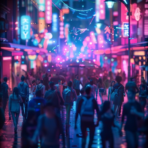 An upbeat, electrifying track set in a cyberpunk future filled with neon lights and high energy celebrations. Perfect for embodying the vibrancy and techno spirit of a bustling futuristic cityscape.