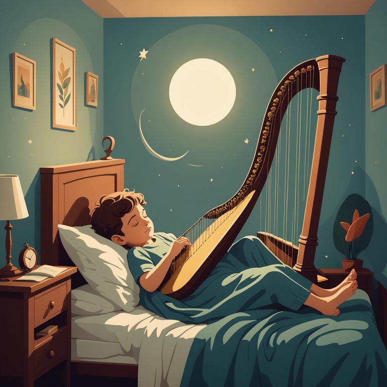 Alternative description highlighting its effectiveness in creating a tranquil environment that nurtures sleep and calmness among young listeners, using melodic harp tunes to gently lull the listener into a restful state.