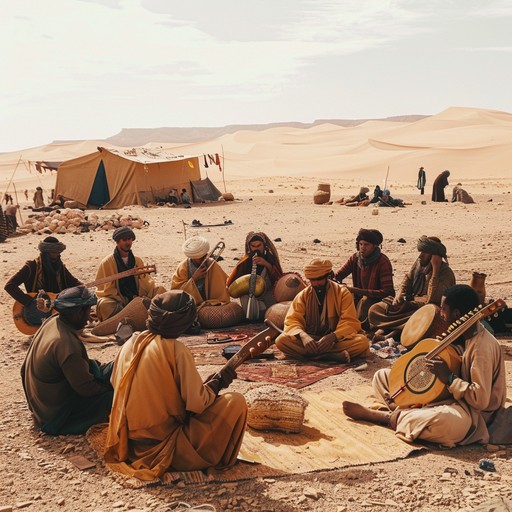 A lively and rhythmic track inspired by the nomadic tribes of the desert, featuring upbeat and infectious melodies played on traditional middle eastern instruments. The composition evokes imagery of a bustling desert caravan moving joyfully across shifting sands under a vibrant, clear sky.