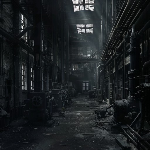 A sinister journey through an abandoned factory, rusty machines clanking, and eerie guitar riffs reverberate, creating an unsettling atmosphere that combines harsh industrial beats with distorted rock elements.