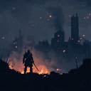 epic orchestral music portraying last stand amidst city ruins.