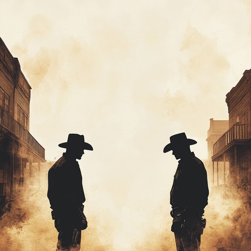 Immerse yourself in the high stakes atmosphere of an intense cowboy duel, portrayed through twangy electric guitar and rhythmic percussion. Feel the gripping suspense as each chord strums the heartbeat of a rugged cowboy, standing on dusty streets, waiting for that inevitable confrontation.