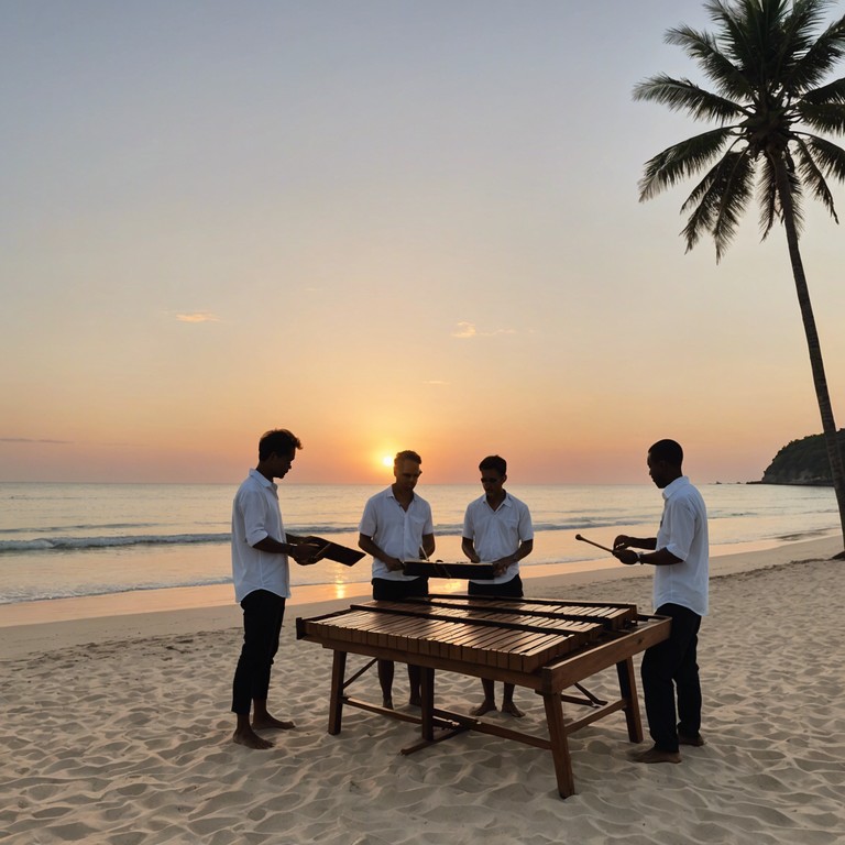 As the sun dips below the horizon, a soothing mambo melody emerges, played on a marimba, blending seamlessly with the sound of crashing waves and distant seagulls. The relaxing tune creates an aura of romance and tranquility, perfect for unwinding after a long day.