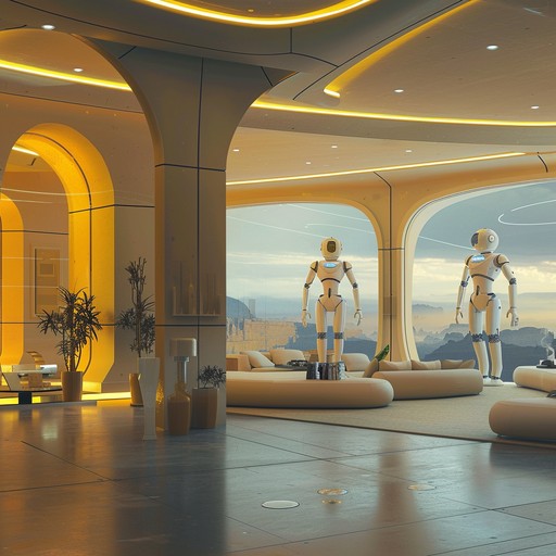 Imagine a scene set far in the future where advanced robots enjoy their leisure time in a cosmic lounge. They move rhythmically, and the music captures their mechanical yet soulful dance sessions in a setting that overlooks distant galaxies through panoramic space windows.