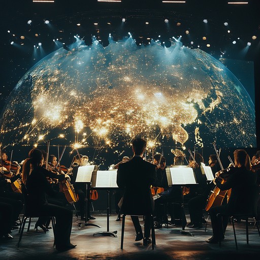 A powerful blend of orchestral strings and traditional world instruments, evoking feelings of triumph and global unity in an epic and grandiose soundscape.