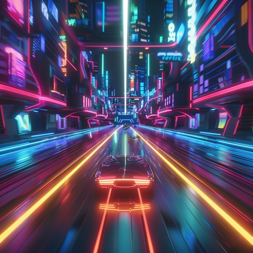 Picture a high adrenaline race in neon streets, combining arcade aesthetics with pulsating synthwave for maximum impact. Dynamic beats and intense synths drive the narrative, reminiscent of classic 80s action cinema and gaming